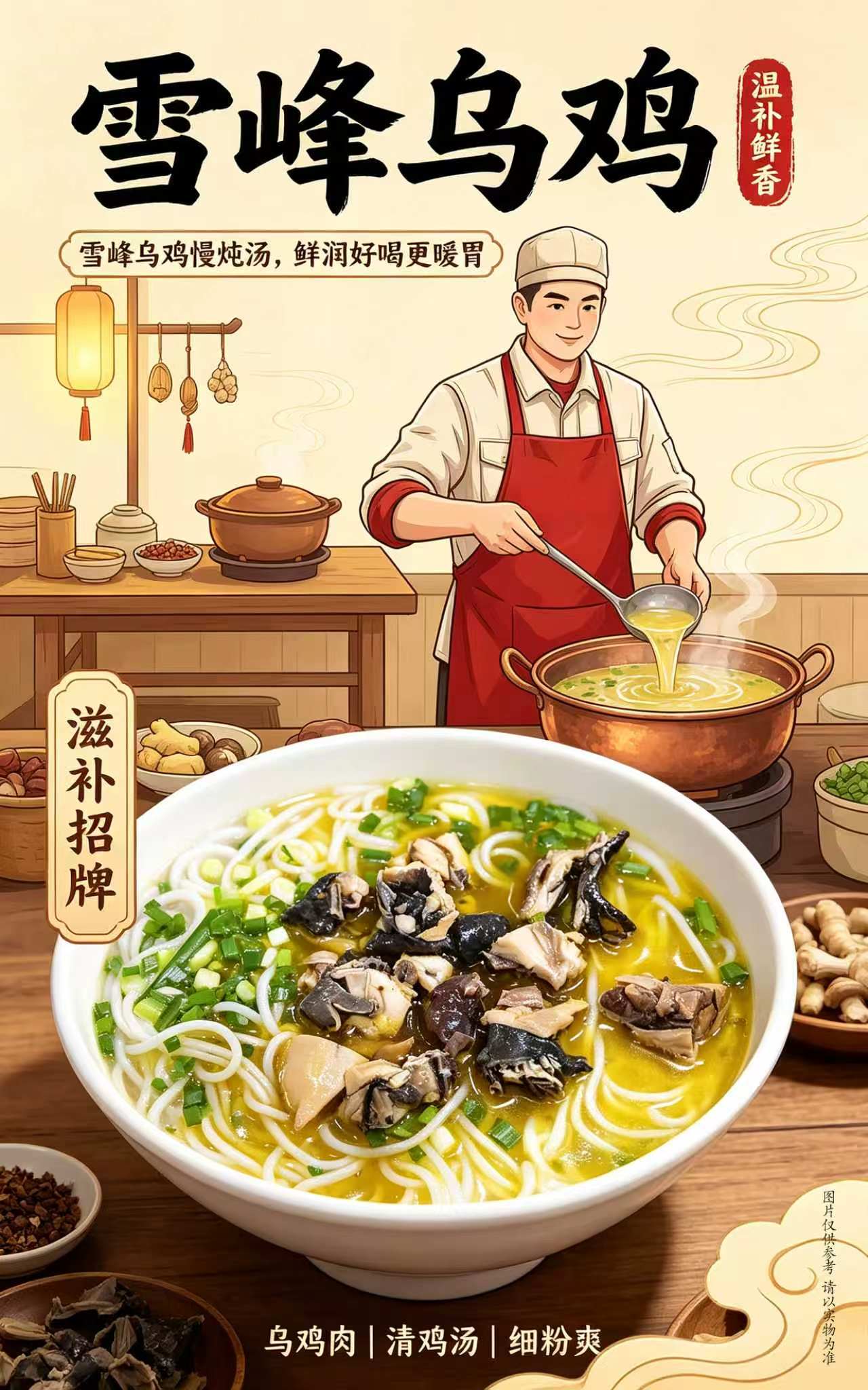 雪峰乌鸡汤粉，黄汤细粉和乌鸡肉